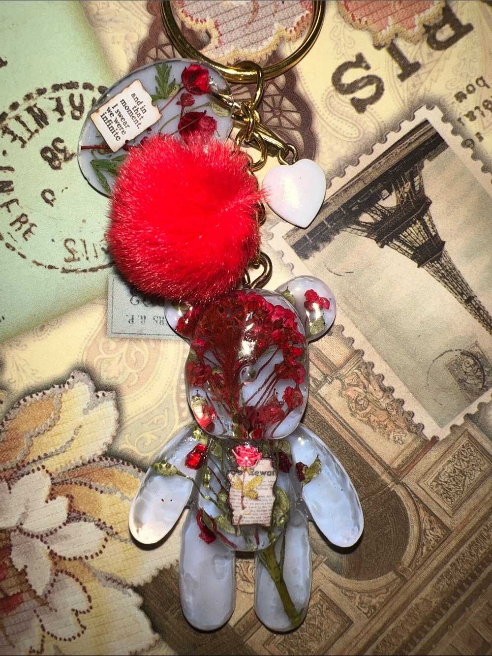 Floral Resin Bear Keychain, backpack or purse charm Red Pom Pom
